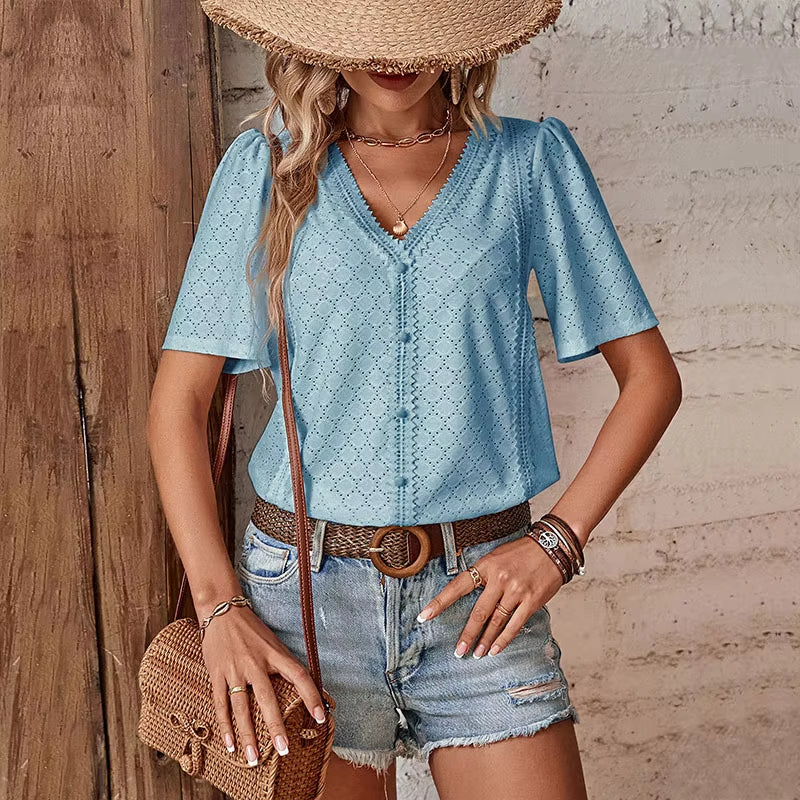 ADELHEID I KURZARM BLOUSE MIT V-AUSSCHNITT