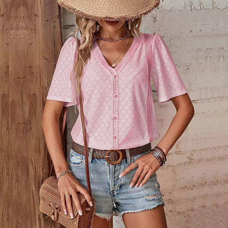 ADELHEID I KURZARM BLOUSE MIT V-AUSSCHNITT